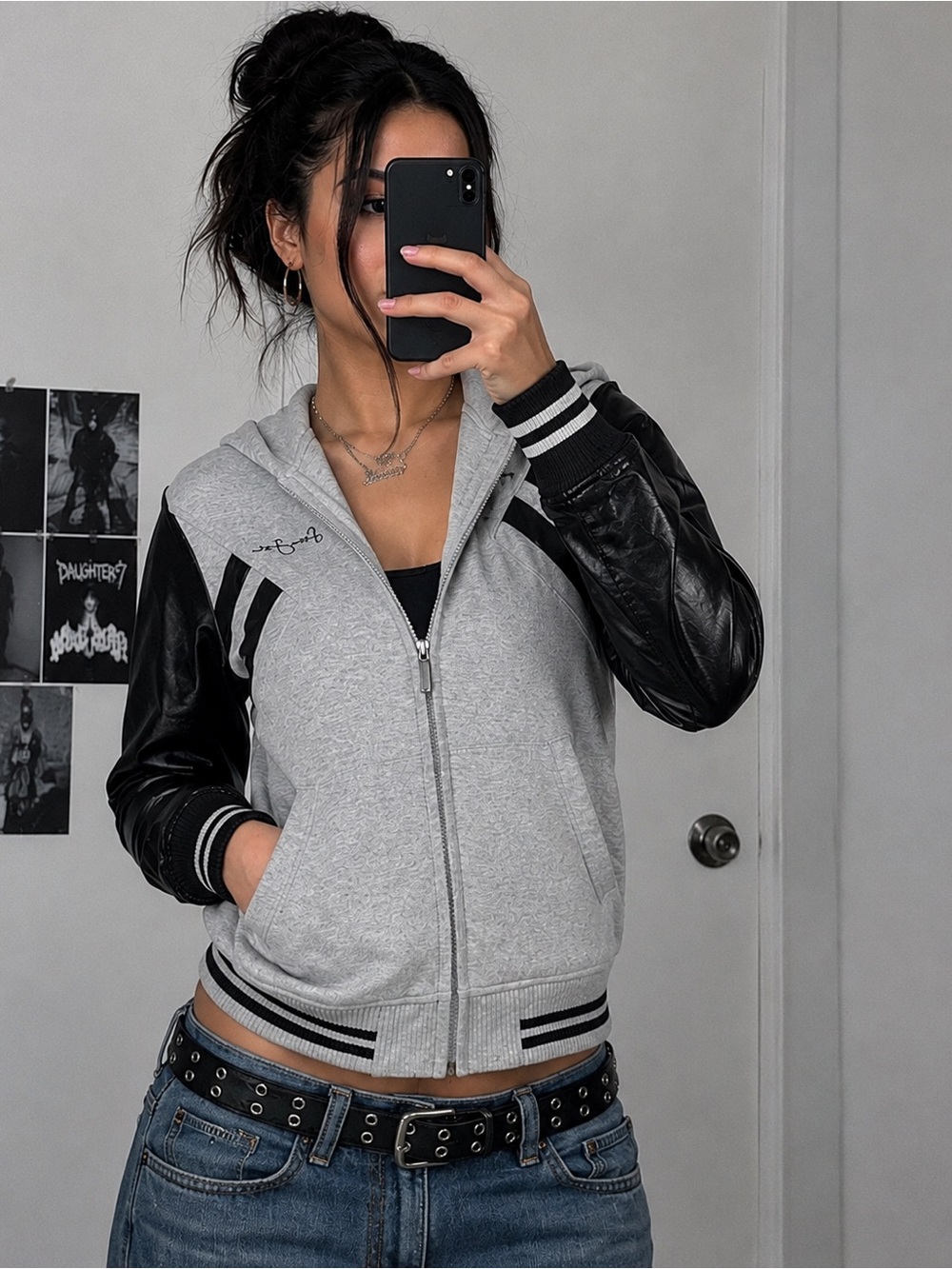 Sean John Gray Black Faux Leather Sleeve Zip Hoodie Jacket